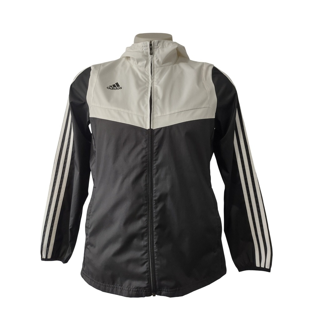 Adidas Jacket Women's Size M Black White Hooded 3-Stripe Full Zip Mesh Lined